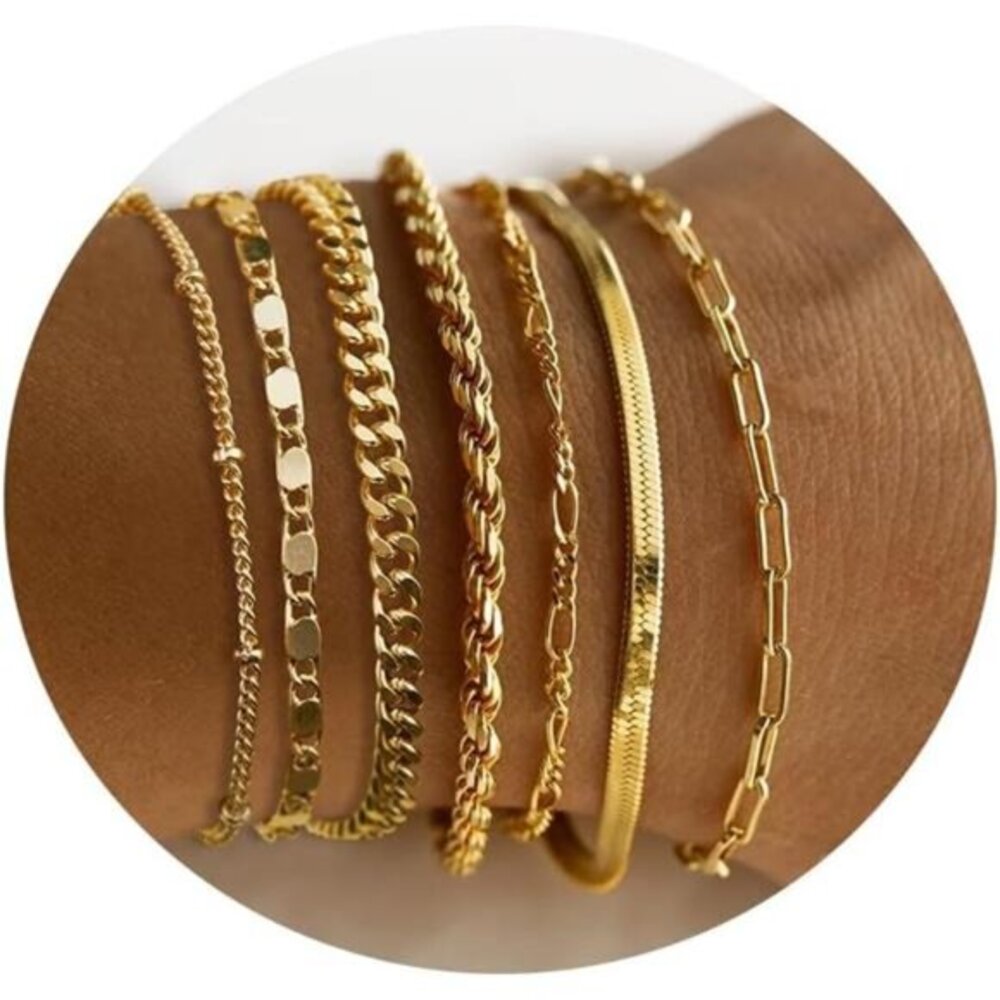 7pc Gold Bracelets14K Real Gold Dainty Layered Cuban Link‎ Paperclip for Women